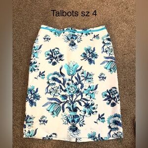 Talbots White Pencil Skirt with Blue & Turquoise Floral Print Sz 4
